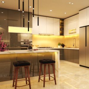 Tủ Bếp MDF chống ẩm phủ Acrylic kèm bếp đảo