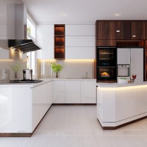 Tủ Bếp MDF Chống Ẩm Phủ Melamine Kết Hợp Bàn Đảo Trắng