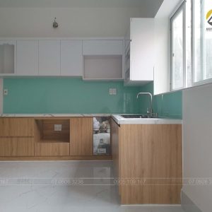 Tủ Bếp MDF Lõi Xanh Phủ Acrylic Và Melamine Vân Gỗ