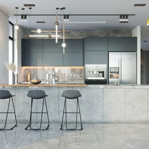 Tủ bếp gỗ công nghiệp màu lam khói