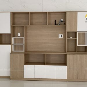 Hệ trang trí tủ tivi sử dụng gỗ MDF lõi xanh chống ẩm phủ Melamine gỗ An Cường tại Trảng Bàng, Tây Ninh