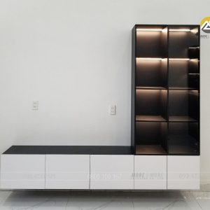 Kệ tivi kết hợp tủ trang trí giúp phòng khách có điểm nhần thú vị