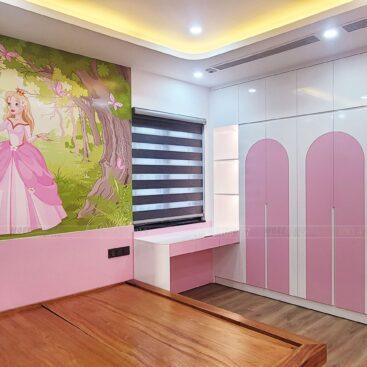 Tủ áo phòng ngủ bé gái gỗ HDF An Cường sơn 2k hồng trắng