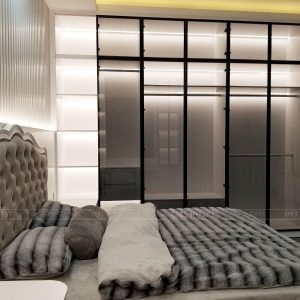 Tủ áo đụng trần thùng mdf lõi xanh, cánh khung nhôm lồng kính màu trà