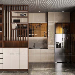 Thiết kế tủ bếp, tủ trang trí, tủ rượu cánh kính cho nhà phố tại Long Khánh, Đồng Nai