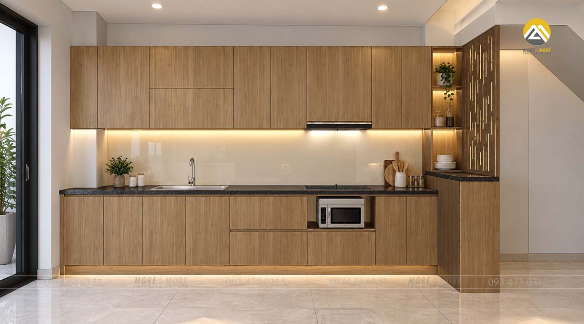 Tủ bếp cho nhà phố sử dụng gỗ An Cường chuẩn E1 an toàn cho sức khỏe